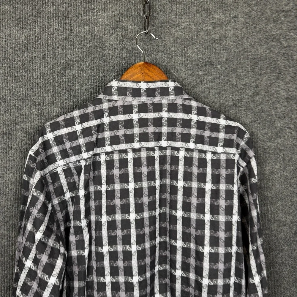 Bugatchi Uomo Shirt Mens XL Black Paisley Plaid Long Sleeve Button Up Stretch
